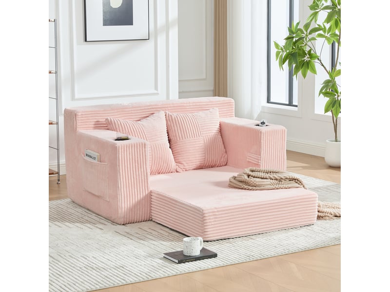  Canapé-lit 2 places convertible avec 2 coussins, porte-gobelet et poches latérales en velours côtelé rose  - Conforama B