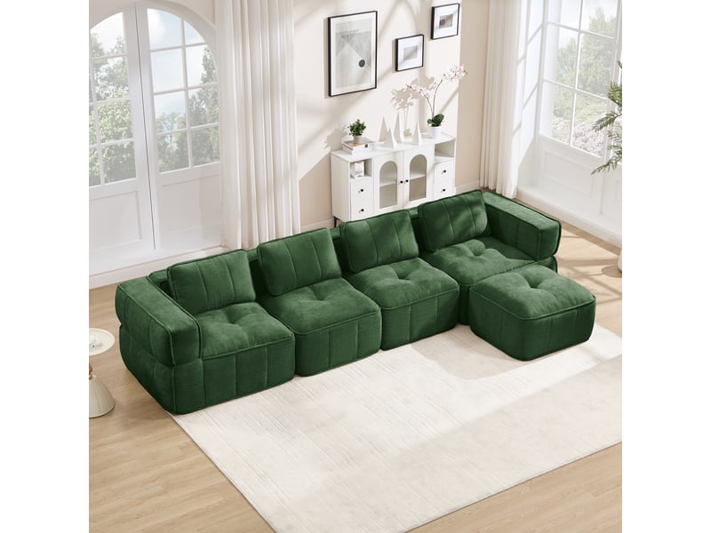  Canapé modulable d'angle en l,4 places avec 1 pouf,344x162x67cm,canapé à compression sans montage, mousse haute densité 32d,assise profonde,vert  - Conforama B