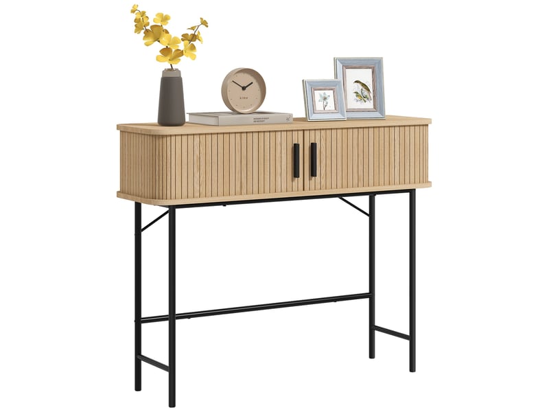  Console vintage avec 2 portes coulissantes à tambour, 100 x 30 x 80 cm, chêne et noir  - Conforama A