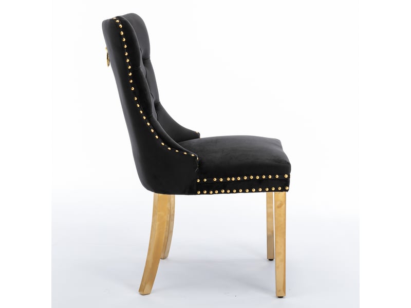  Chaises de salle à manger velours de1601bk noires lot de 2 avec pieds acier doré et clous décoratifs  - Conforama D