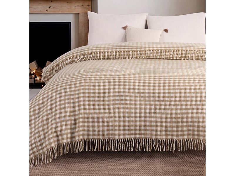  Couverture double en coton avec franges 220 x 180 ekose b - beige  - Conforama B