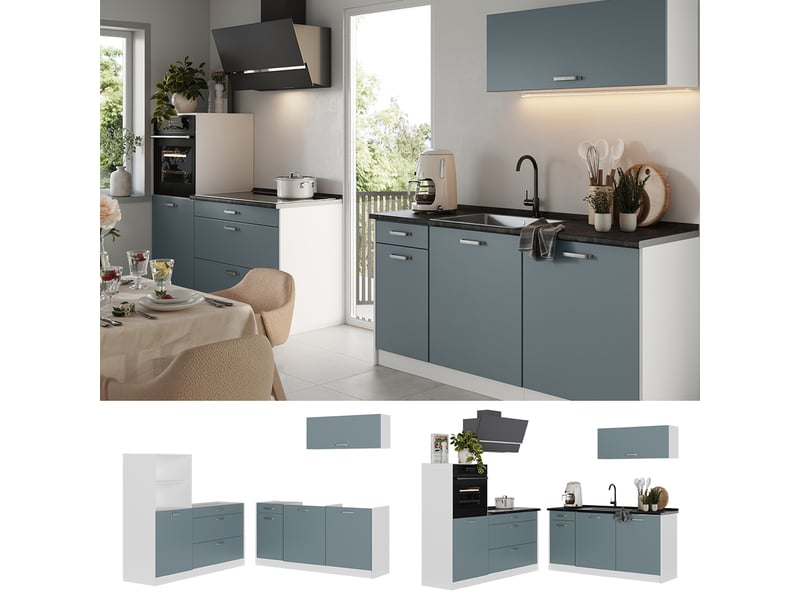 Vicco cuisine, bleu-grisblanc, 160cm sans plan de travail - Conforama D