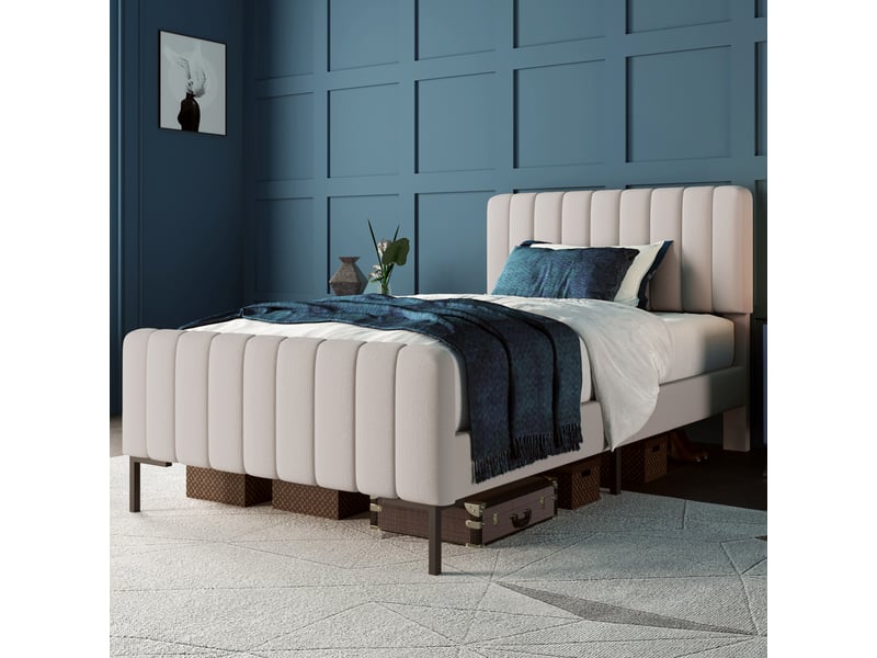  Lit enfant 90x200 cm, lit simple avec tête matelassée réglable, bois et métal, revêtement lin, gris-beige, sans matelas  - Conforama W