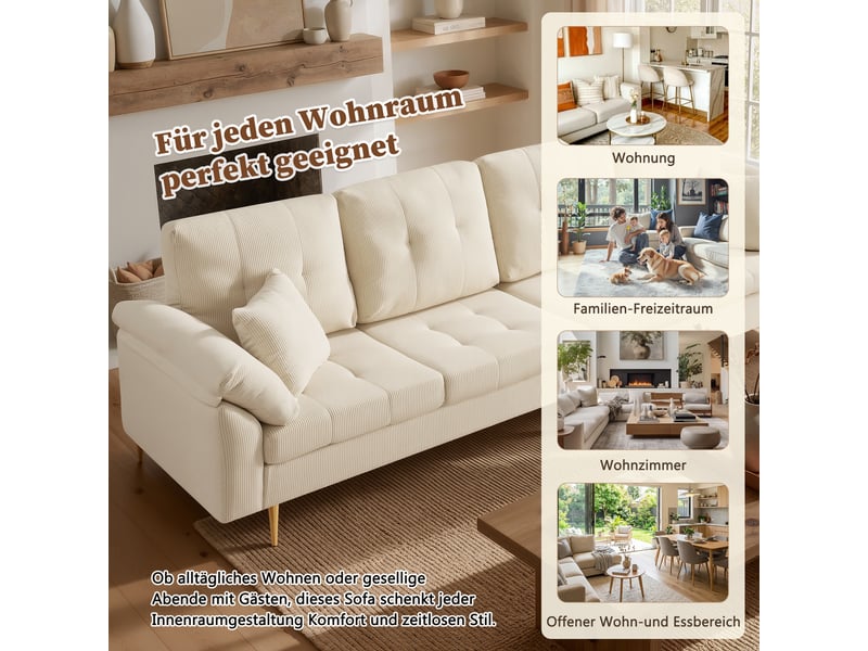  Canapé droit 4 places avec pouf modulable  - assise profonde, velours côtelé écru 250 × 70 × 87 cm  - Conforama E