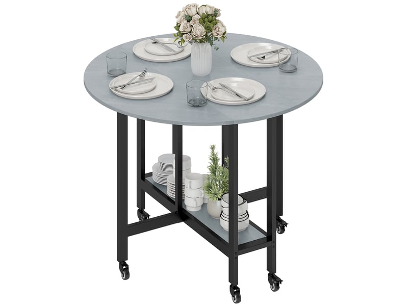 Table de salle à manger pliante à roulettes avec étagère ouverte, idéale pour les petits espaces, gris ciment - Conforama B