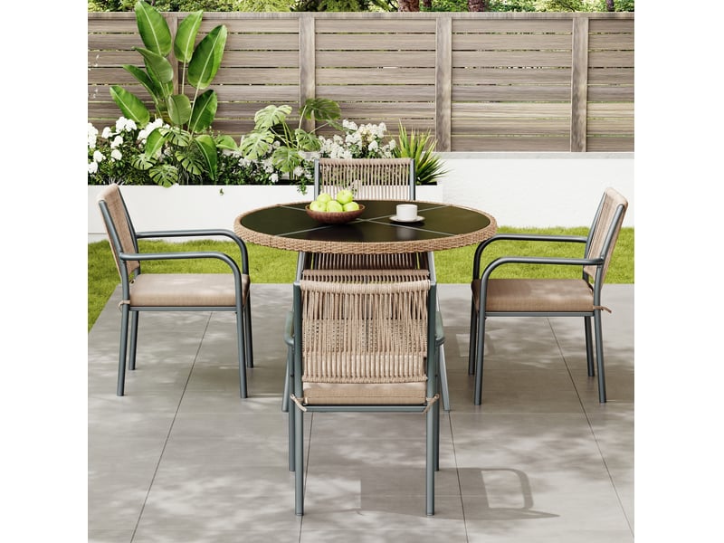 Salon de jardin 5 pièces 110x110 cm – gris – table ronde en verre trempé et 4 fauteuils avec coussins - Conforama B