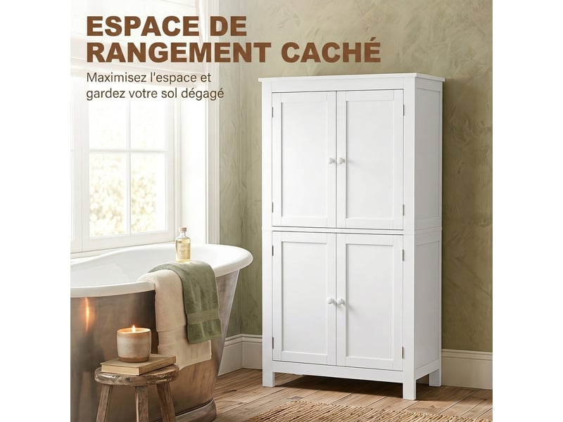  Meuble de salle de bain 4 portes avec étagères réglables mdf blanc 60 x 30 x 110 cm  - Conforama D