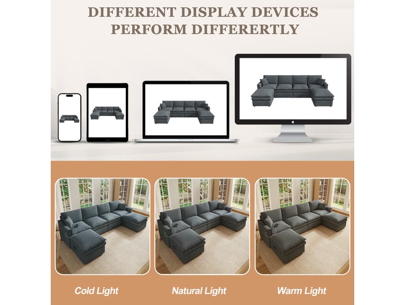  Canapé d'angle modulable 6 places 277x135x80 cm gris en tissu coton et lin, 2 poufs de rangement et ports usb  - Conforama E