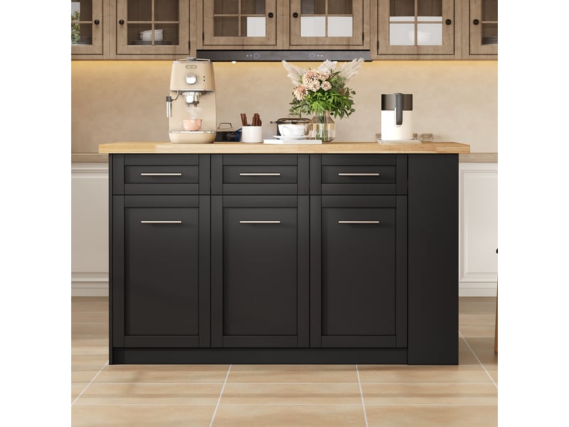  Îlot central avec table escamotable 150 cm, îlot de cuisine noir et bois, meuble de rangement mdf style européen  - Conforama B