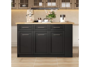 Îlot central avec table escamotable 150 cm, îlot de cuisine noir et bois, meuble de rangement mdf style européen