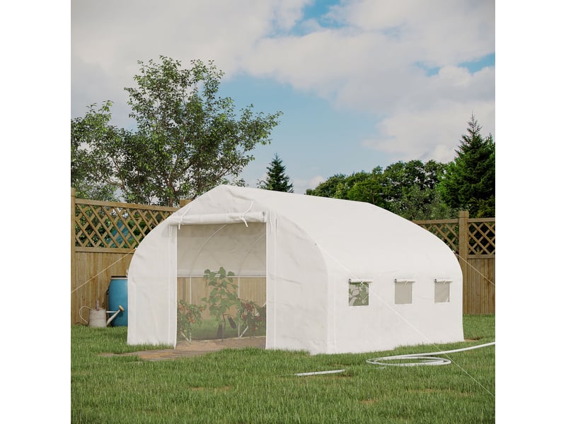  Serre de jardin tunnel 10,4 m² serre de jardin anti-uv porte zippée enroulable fenêtres maille 350 x 300 x 200 cm blanc  - Conforama C