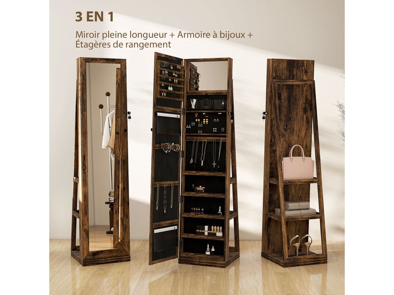  Armoire à bijoux pivotante verrouillable boîte à bijoux avec miroir - armoire bijoux multi-rangement - brun rustique  - Conforama D