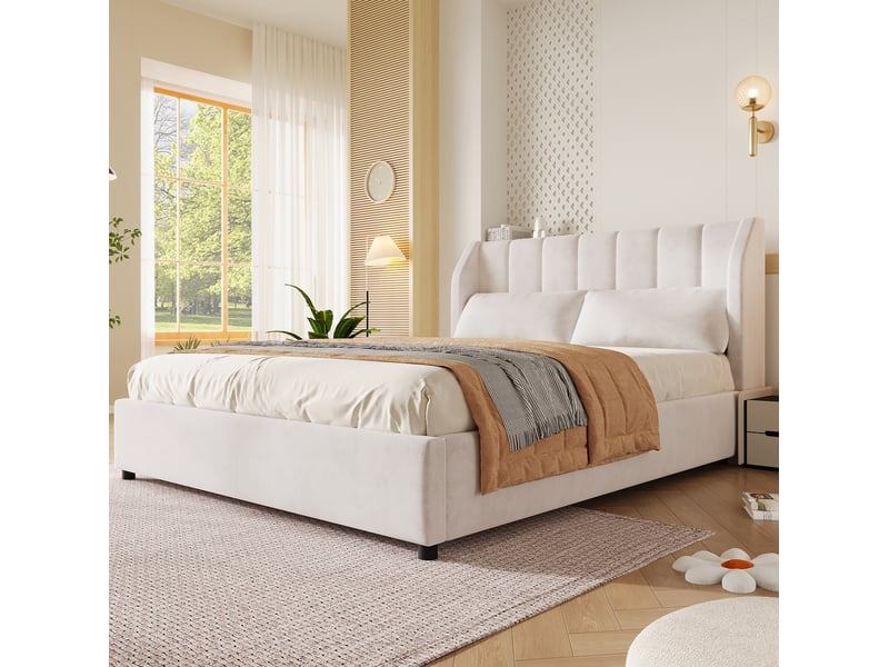  Lit plateforme 140x200 cm, doté de sommier à lattes sans matelas, beige, mdf, doté de tête de lit à couture verticale  - Conforama D