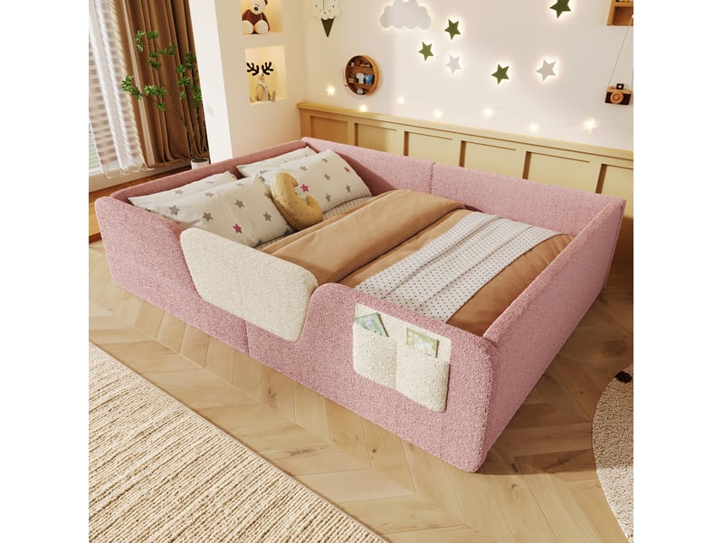  Lit 2 places enfant rembourré 140x190 cm en velours rose avec barrières amovibles  - Conforama B