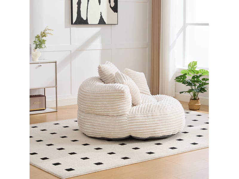  Fauteuil pouf 108x108x52 cm, avec 3 coussins, à haut dossier, revêtement en velours côtelé beige, pour adultes et enfants  - Conforama D