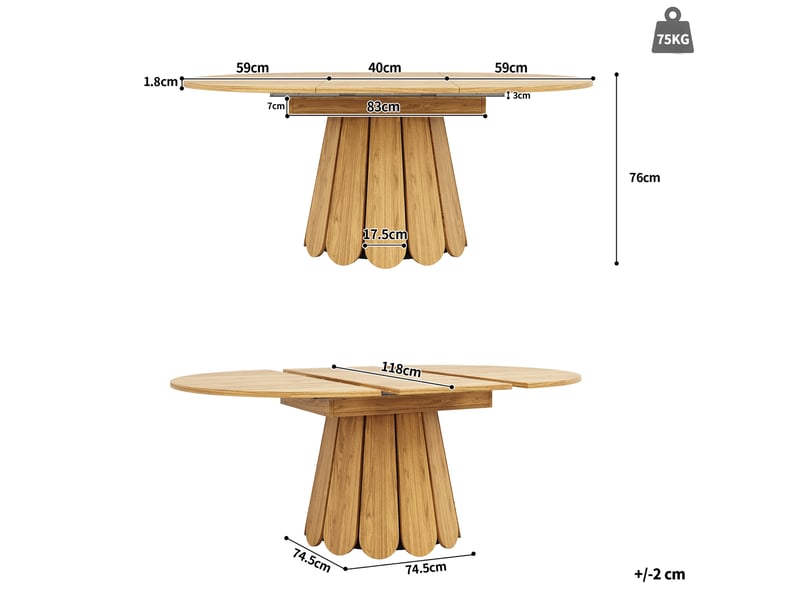 Table à manger extensible 118(158)x118x76.8 cm en mdf coloris naturel - Conforama E