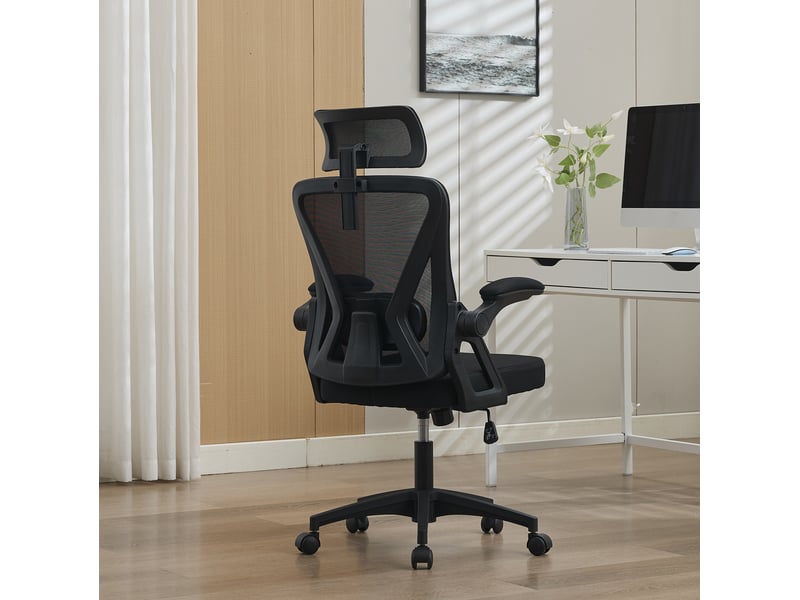  Fauteuil de bureau ergonomique noir en maille, appui-tête réglable et accoudoirs rabattables, pour le télétravail  - Conforama E