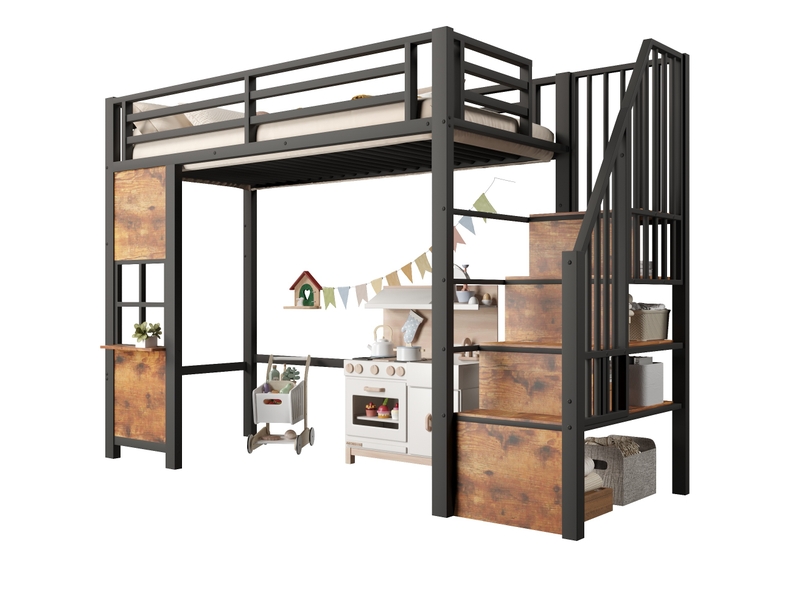  Lit mezzanine enfant 90 × 200 cm 1 place avec escalier de rangement et étagères, sans matelas, métal mdf noir  - Conforama A