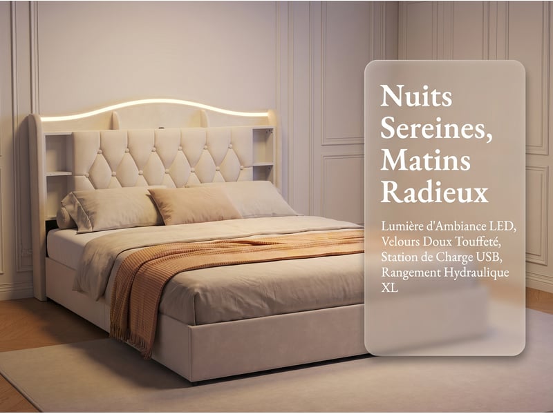  Lit coffre rembourré 160x190 cm - velours - avec éclairage led et port usb - tête de lit avec rangement  - Conforama D