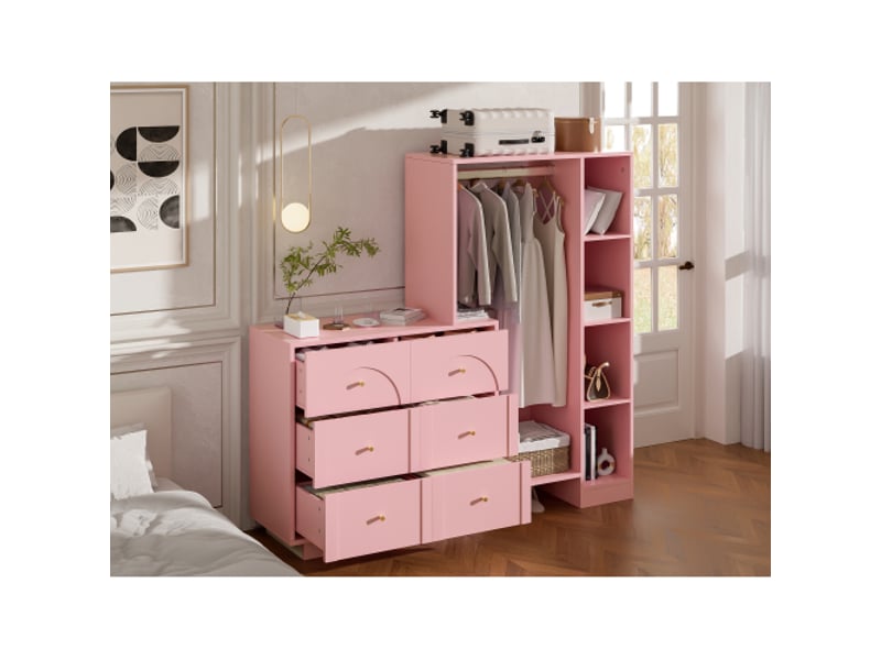  Garde-robe ouverte moderne rose – armoire polyvalente, tringle, 6 tiroirs et étagères latérales 139×35×133 cm  - Conforama E