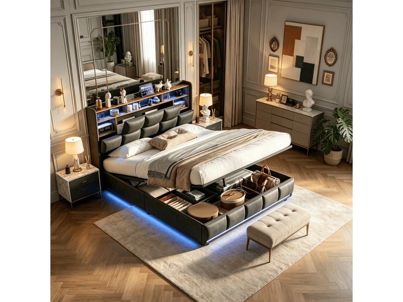  Lit avec rangement 140x190 cm en pu noir - coffre hydraulique, tête de lit avec étagères et usb, éclairage led, sommier à lattes, lit double 2 places  - Conforama B