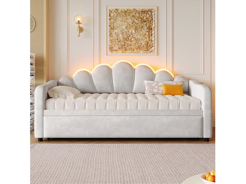 Lit gigogne 90x200 cm en velours avec led gris, couchage d’appoint  - Conforama E