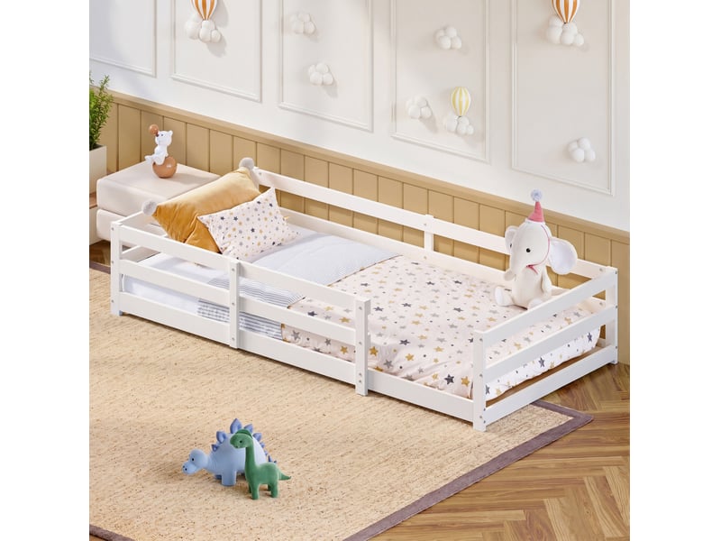  Lit enfant montessori 90x200 cm, lit bas avec barrière de sécurité, lit simple avec sommier, bois, blanc sans matelas  - Conforama D