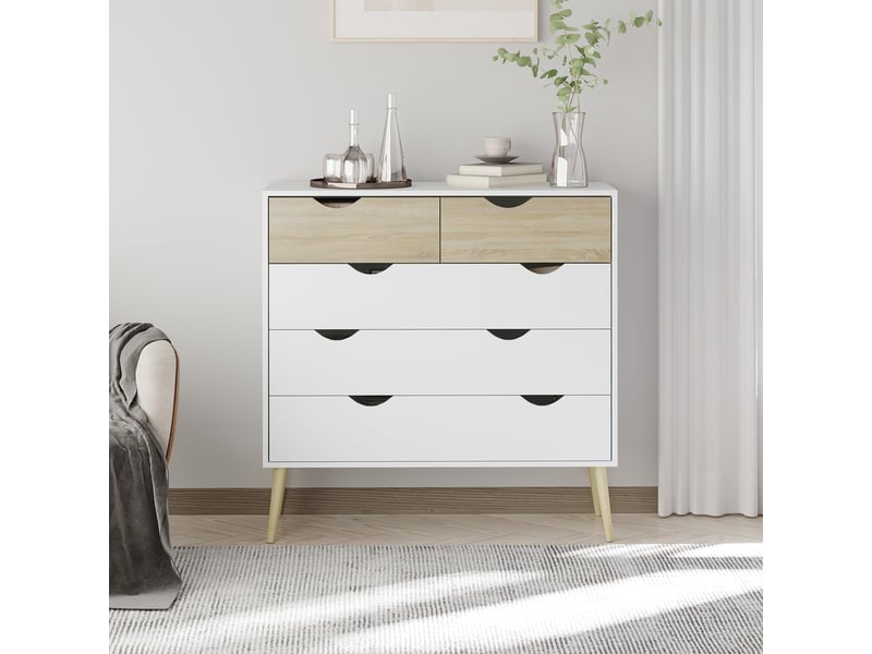  Commode 5 tiroirs design scandinave meuble de rangement chambre panneau de particules 99 x 39 x 101 cm blanc aspect chêne clair  - Conforama D