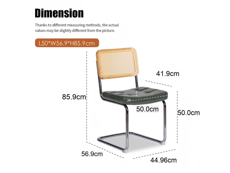 Lot de 2 chaises de salle à manger cantilever – 50 x 56,9 x 85,9 cm – dossier cannage en rotin & assise similicuir capitonnée – métal chromé - vert - Conforama C
