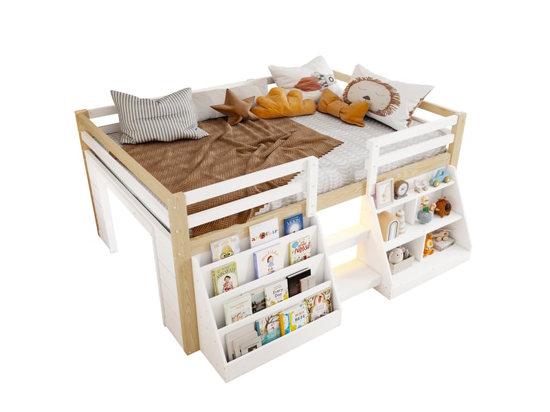  Lit enfant 140 x 200 cm – avec étagères de rangement – ​​avec barrières de sécurité – avec échelle – avec éclairage led – blanc +  naturel  (matelas non inclus)  - Conforama A