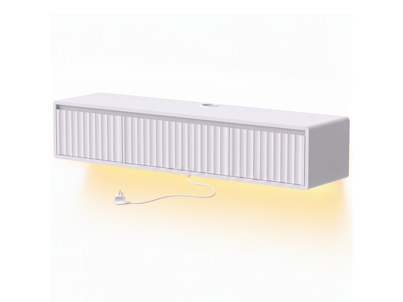  Meuble tv suspendu flottant 120 cm avec éclairage led et prises, meuble télé pour téléviseur 65 pouces, blanc  - Conforama B