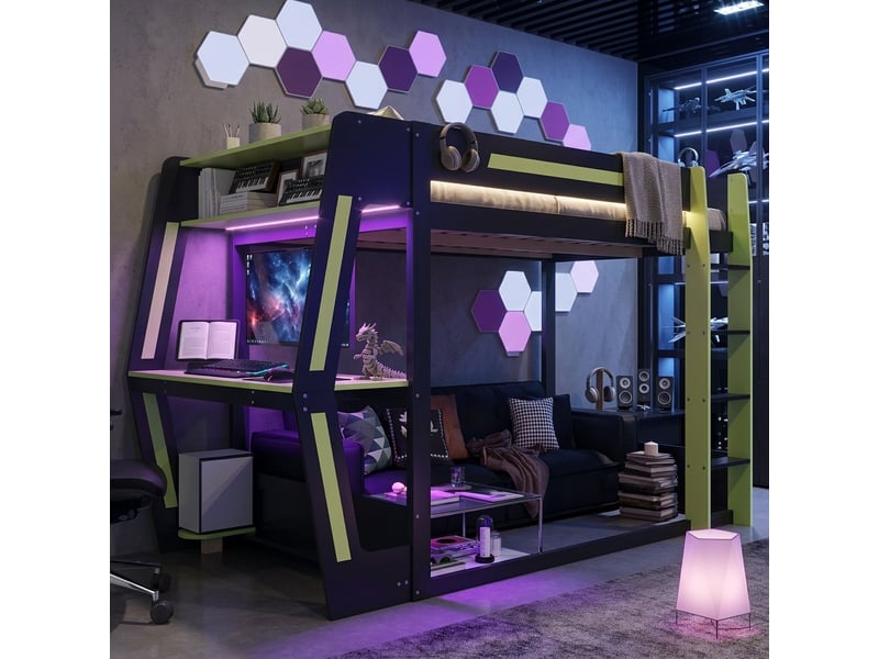  Lit mezzanine 120 × 200 cm 1 place avec bureau, espace pc, étagères et éclairage led, sans matelas, noir et vert  - Conforama C