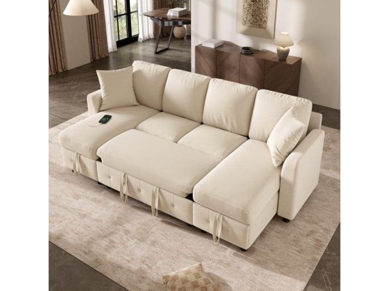 Canapé d'angle panoramique convertible 4 places tissu beige coffre de rangement  - Conforama B