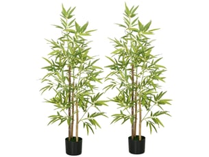 Arbre artificiel en bambou, lot de 2, 3 troncs, facile d'entretien, 120 cm, pot en ciment, vert