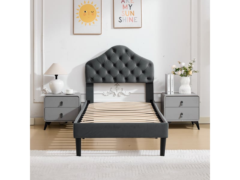  Lit simple 90x200 cadre de lit en velours gris avec tête de lit réglable en hauteur et sommier à lattes  - Conforama W
