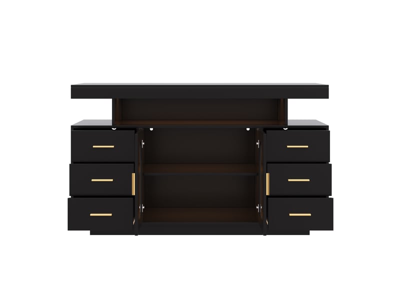  Buffet bas avec led rgb, 6 tiroirs et 2 portes vitrées 140x40x76 cm noir  - Conforama E