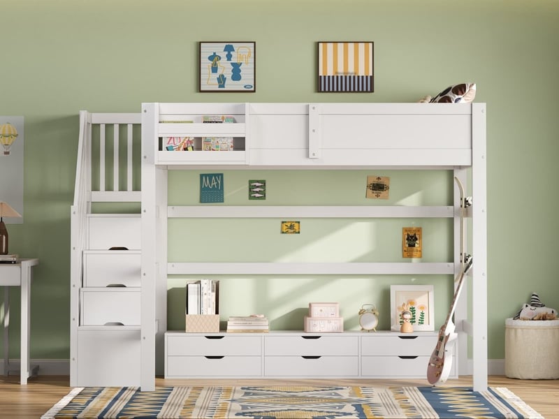  Lit mezzanine en bois, 140 x 200 cm, avec 6 tiroirs, grand espace de rangement sous le lit et escalier avec rangements intégrés, blanc  - Conforama B
