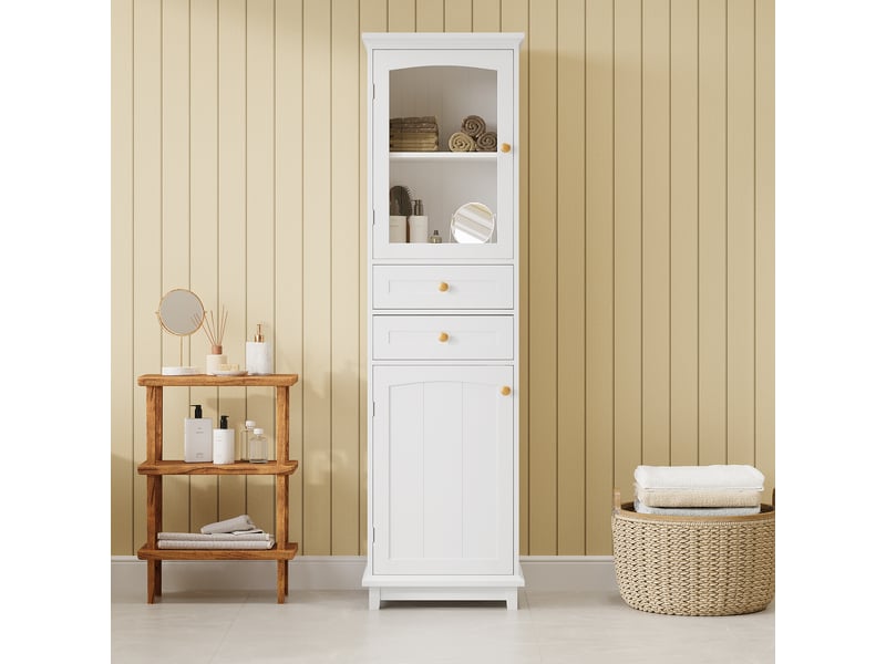 Colonne salle de bain blanche 45 × 36 × 160 cm, portes vitrées, 2 tiroirs - Conforama B
