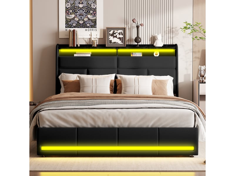  Lit double coffre - 160 x 200 cm-noir - en similicuir pu, avec tête de lit à étagères, double éclairage led et vérins hydrauliques  - Conforama D