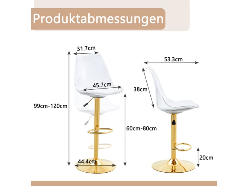  Tabourets de bar réglables en duo – dossiers transparents, assises pu, pieds dorés, pivotants à 360°, cuisinebistrot  - Conforama C