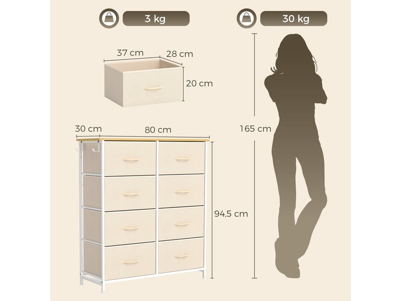  Commode 8 tiroirs 4 poches 2 crochets beige  - Conforama C