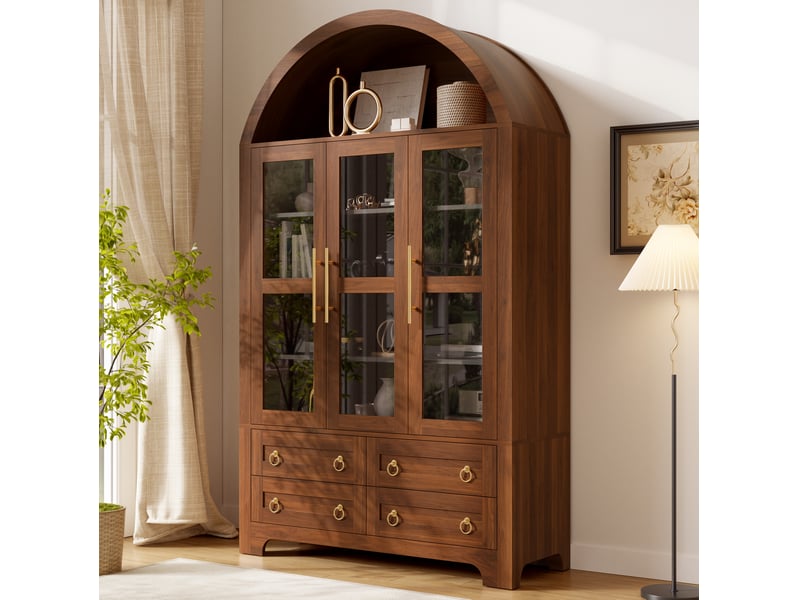  Buffet 110x40x185 cm avec 3 portes vitrées et 4 tiroirs coloris noyer  - Conforama E