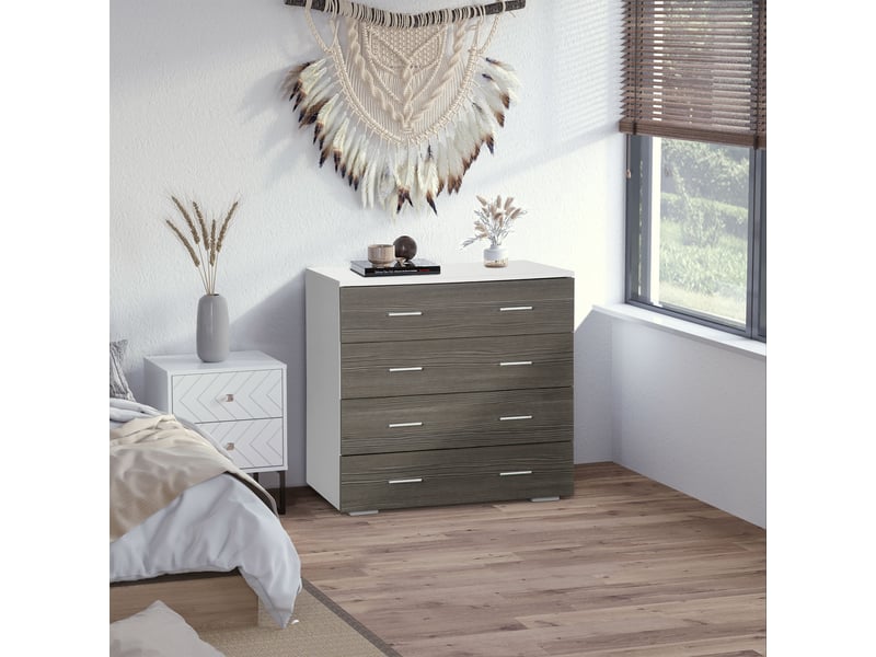  Commode à 4 tiroirs avec poignées en aluminium et structure en bois, pour salon et salle à manger, 76 x 35 x 72 cm, blanc et gris  - Conforama C