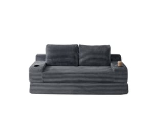 Canapé droit-lit 2-en-1 en velours côtelé, 2 coussins déco, porte-verres et rangements, 62x180x85 cm, gris