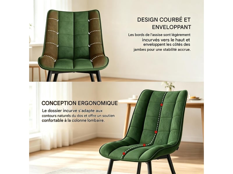  Lot de 2 chaises de salle à manger en velours vert foncé, pieds en métal T5828P575819 - Conforama D