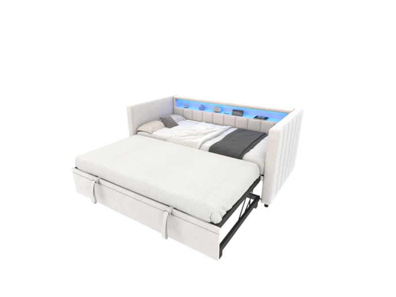 Lit gigogne 90x190 cm avec port usb type-c, éclairage led, étagères de rangement, en velours, sans matelas, beige - Conforama A