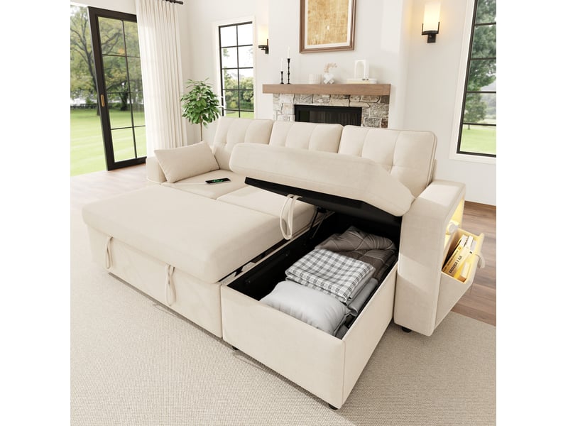  Canapé d'angle convertible 3 places 213x131x83 cm avec coffre, led, usb et rangement, couleur beige, moderne  - Conforama D