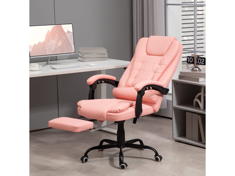  Fauteuil de bureau massant, 7 points de vibration, repose-pieds et dossier réglables, supporte jusqu'à 120 kg, aspect cuir, rose  - Conforama D