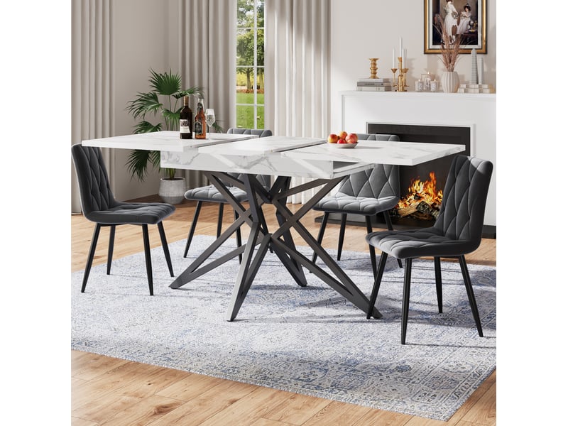 Ensemble table et chaises table extensible et 4 chaises, plateau effet marbre, en mdf et métal blanc  - Conforama B