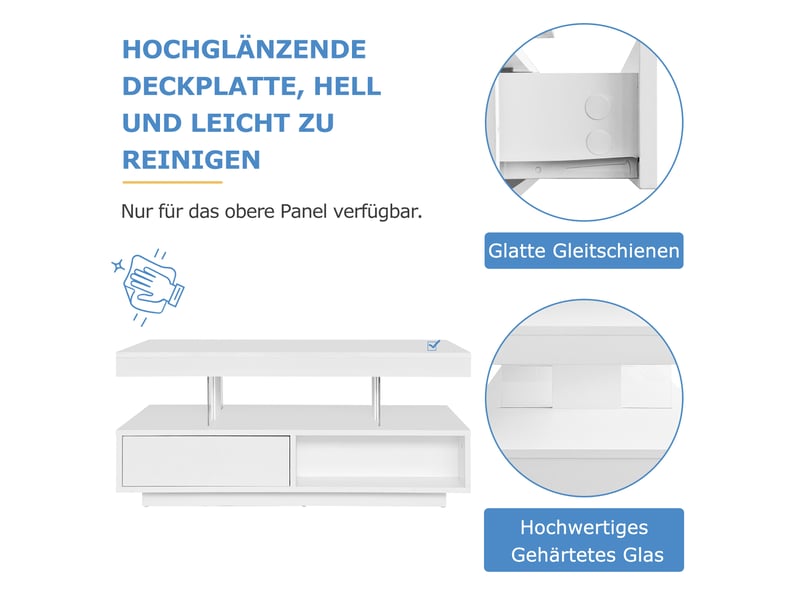  Table basse blanche brillante 95x50x42,5 cm - 4 plateaux en verre, 2 tiroirs, 2 niches  - Conforama E